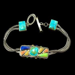 BARSE Sterling Silver Turquoise Coral Lapis Cabochon Thai Weave Toggle Bracelet